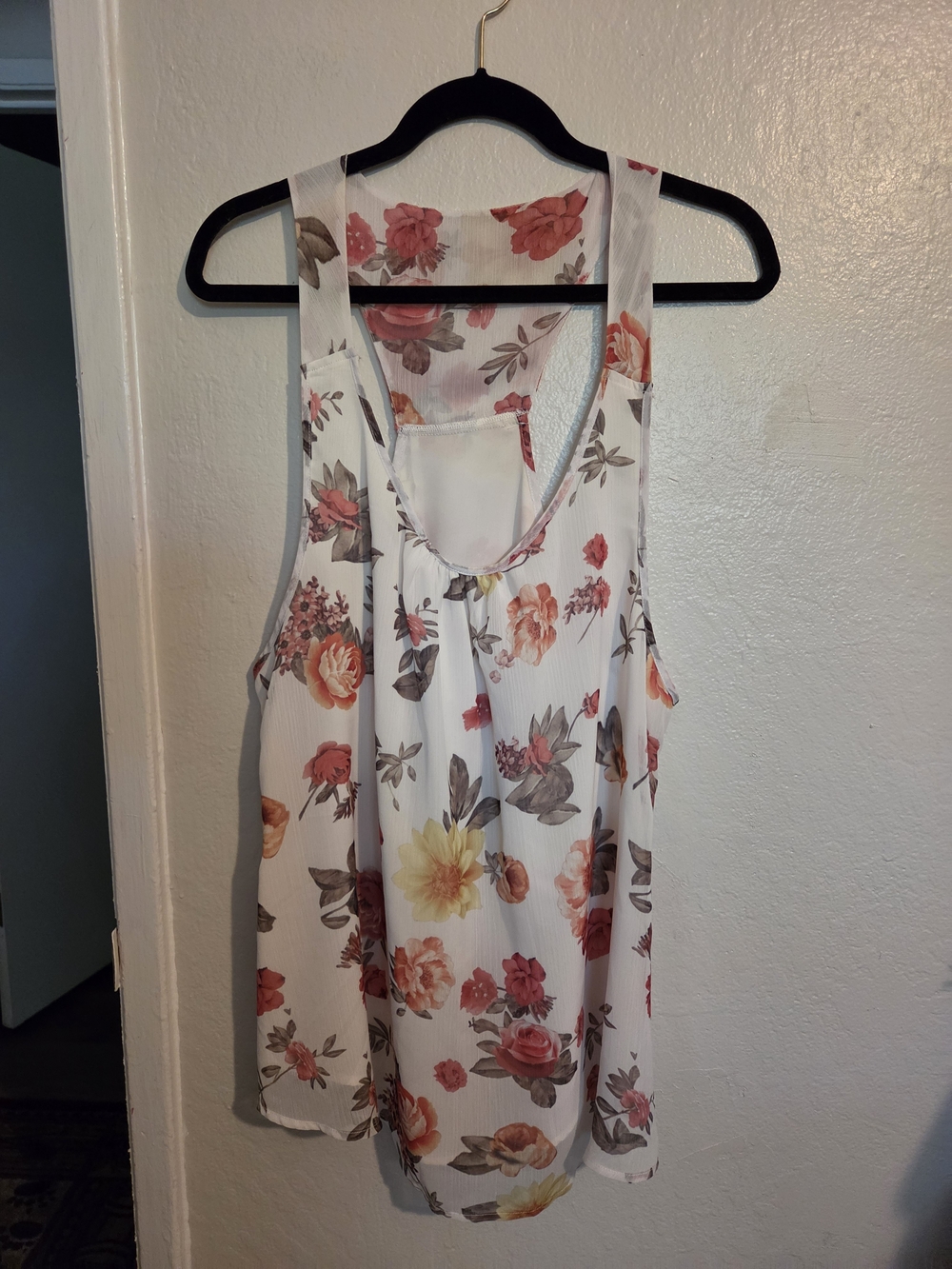 Floral Sleeveless Tank Top - White with Pink & Yellow Flowers